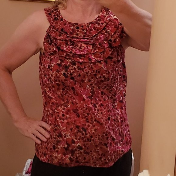 Ann Taylor Sleeveless Blouse with Ruffles, Petite 14P,  Red Orange Abstract - Picture 6 of 8